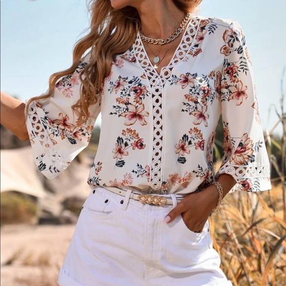 Boho Floral Sheer Mesh Lace Insert Top Blouse Green - Picture 5 of 10